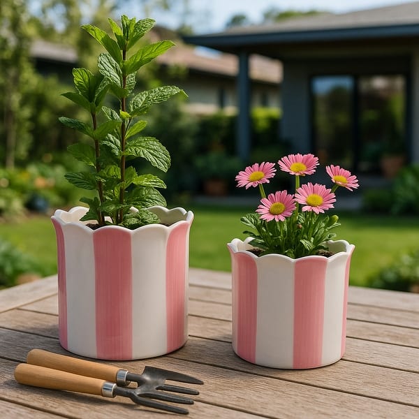 Ceramic Striped Flower Pots with Scalloped Edge - Set 2, 8", 6" - 8.0"