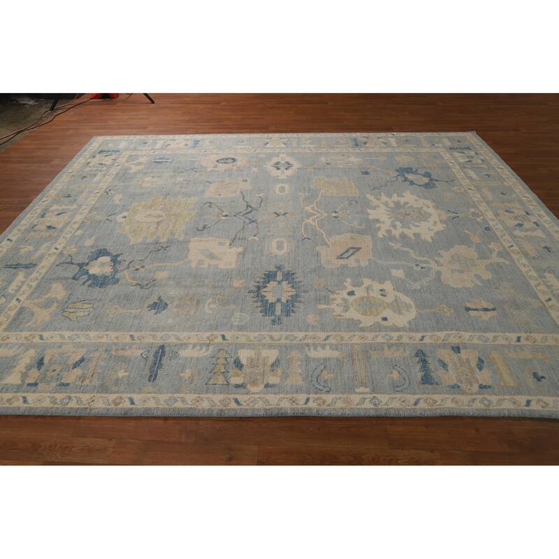 Hand Knotted Oriental 100% Wool Carpet Transitional All-Over Navy Blue & Blues Oushak Area Rug - 9' 11'' X 8' 6''
