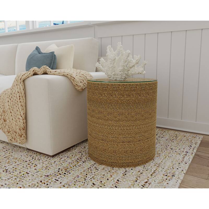 Halden Round Woven Seagrass Accent Side Table Light Brown