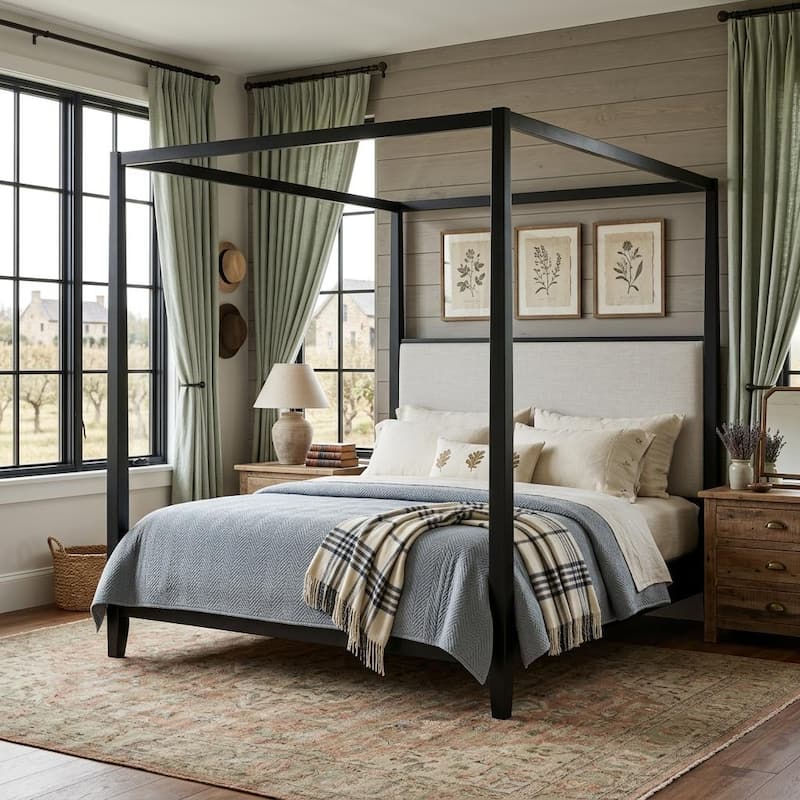 Canopy Platform Bed with Upholstered Headboard by Harper&Bright Designs - Black - King