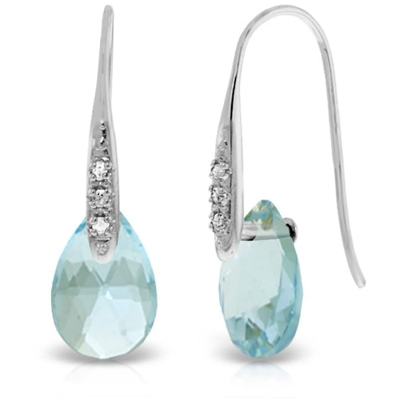 14K Solid Gold Fish Hook Earrings w/ Diamonds & Briolette Blue Topaz - White