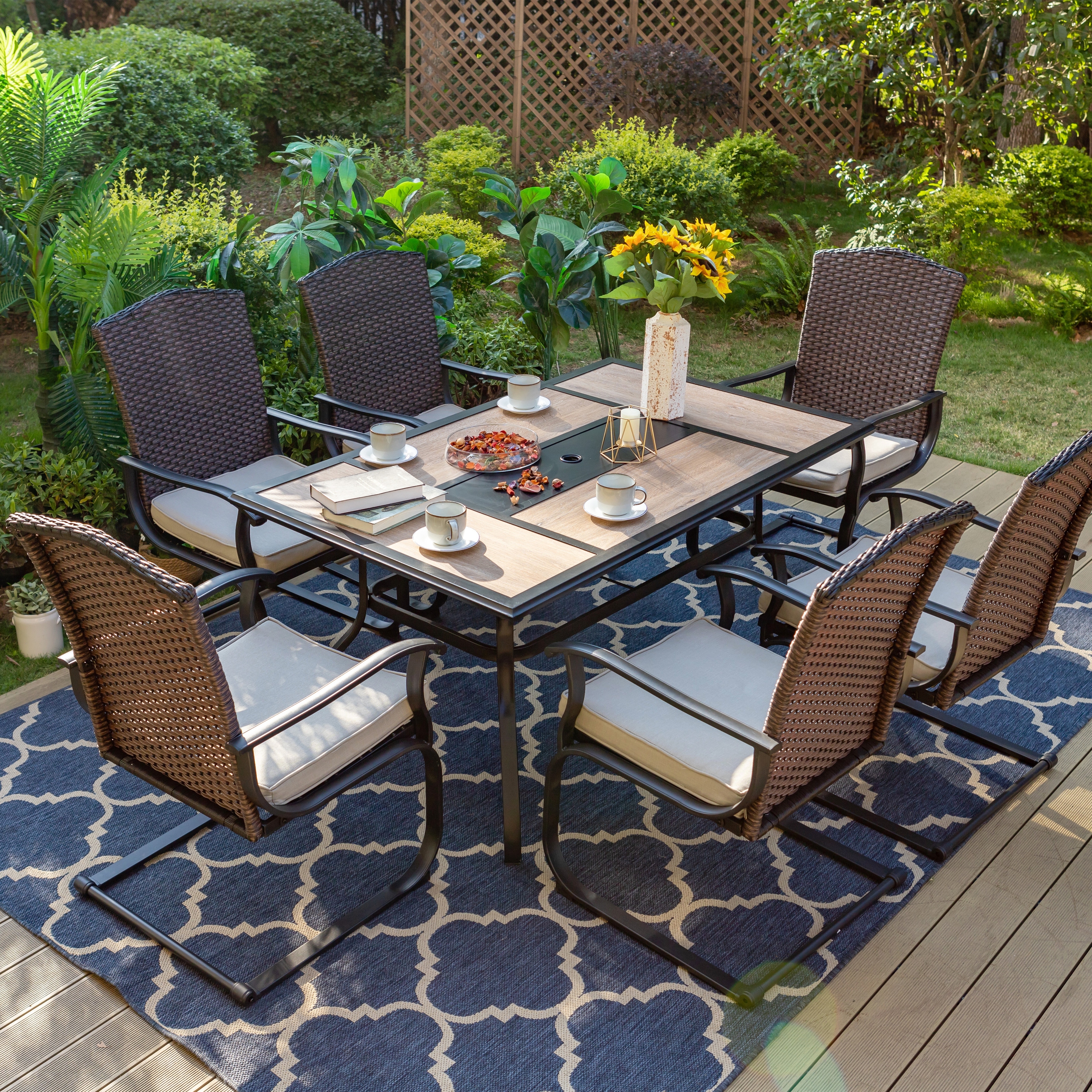 7 Piece Patio Dining Set 6 Rattan Wicker C Spring Rocking Chairs
