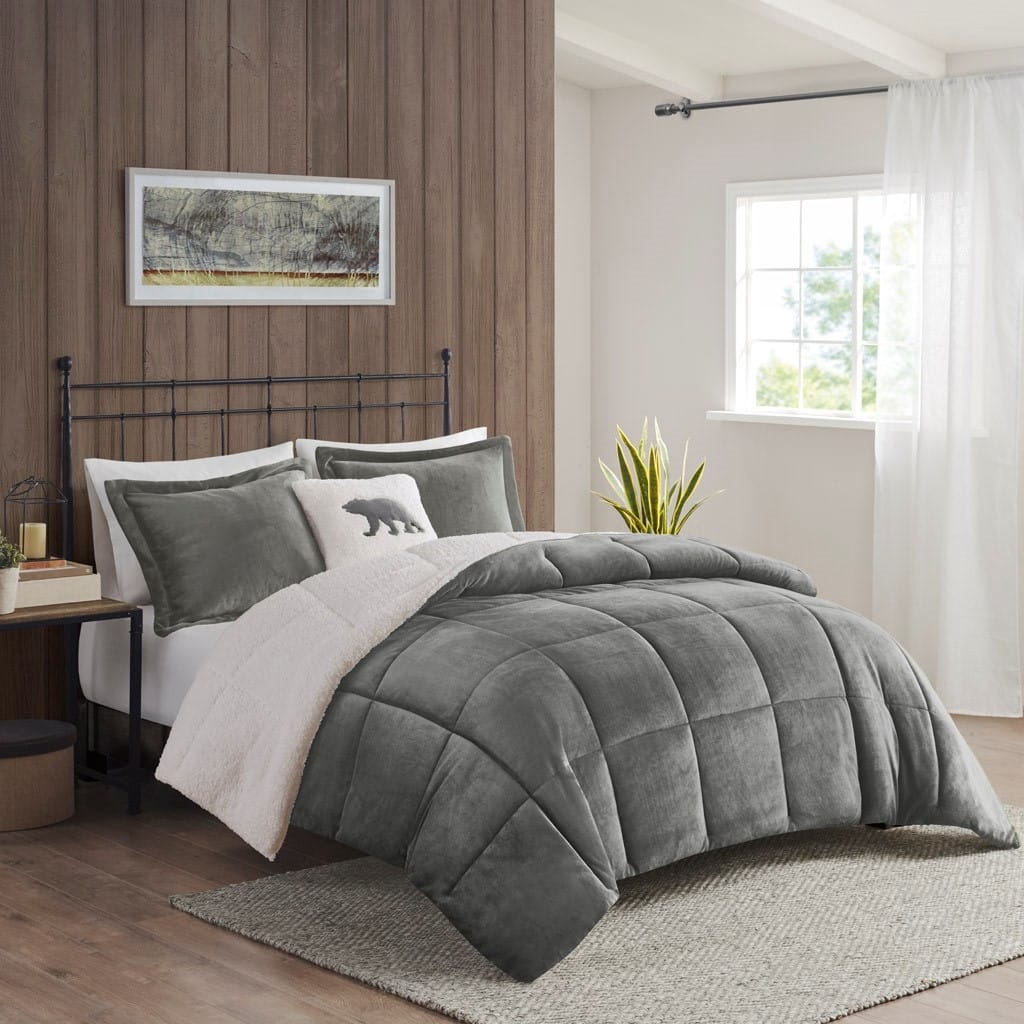 GDF Studio - Alton Plush to Sherpa Down Alternative Comforter Set - Charcoal & Ivory