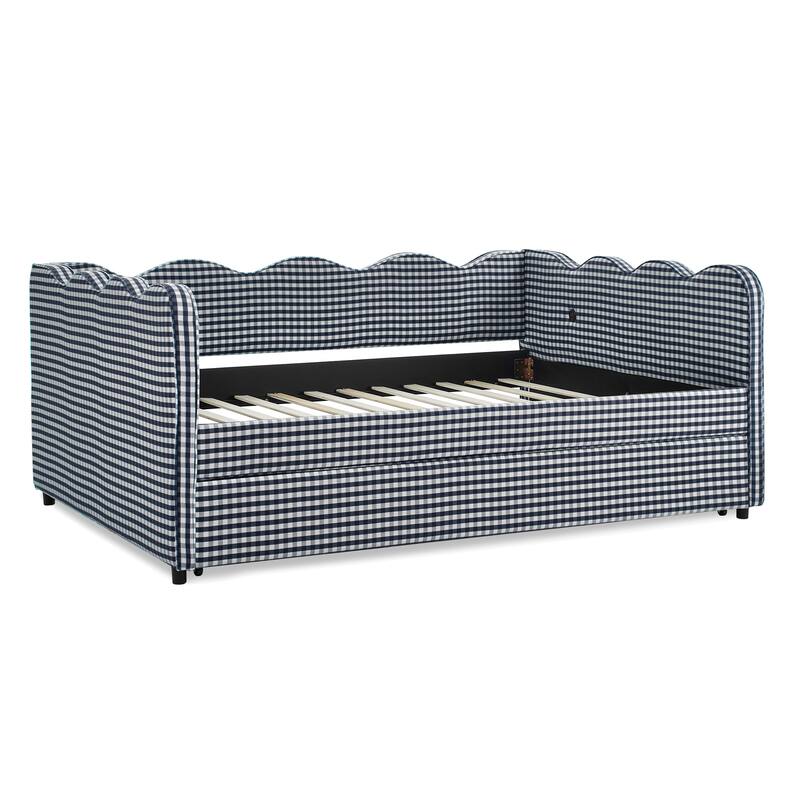 Full Size Gingham Daybed with Twin Trundle, USB Port, Wave Shaped Design & Linen Fabric - No Box Spring Needed