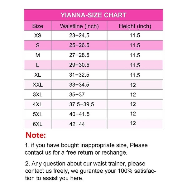 Yianna Waist Trainer Size Chart