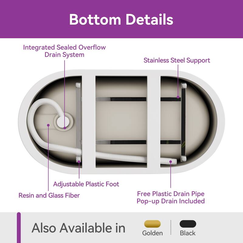 HOROW 47 x 26.8 Inch Soaking Bathtub with Side Drain White with Matte Black Trim