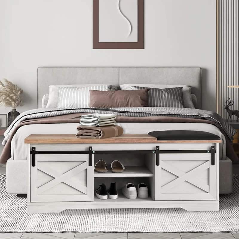 47" Farmhouse Entryway Shoe Bench with Thickened Cushion
