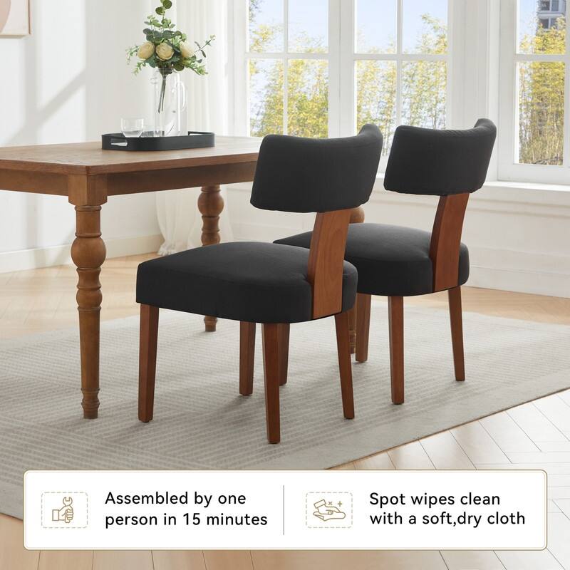Set of 2 Linen Fabric Modern Armless Dining Chairs With Curved backrest and Solid Wooden Legs for Dining Room Living Room
