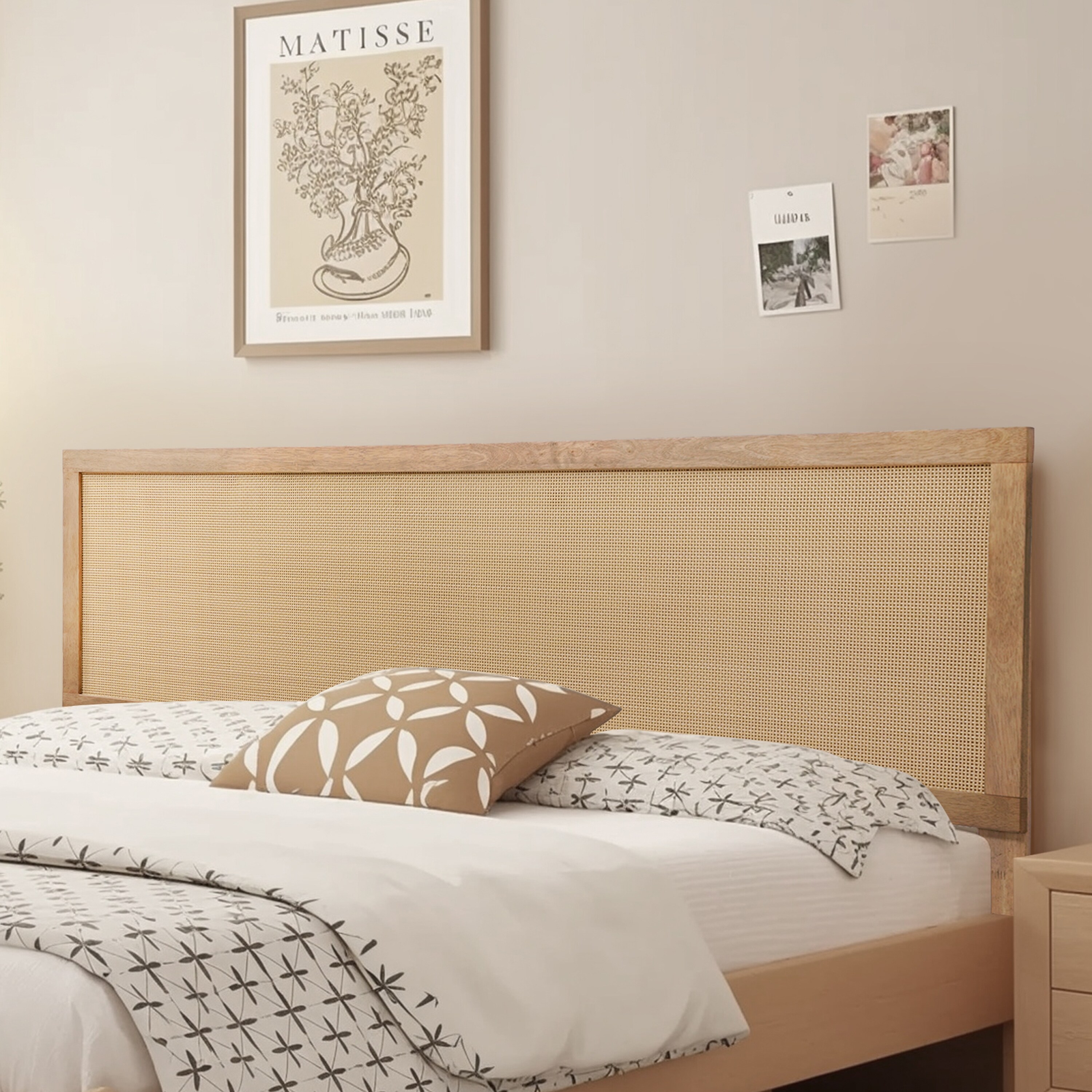 Natural Finish Rubberwood with Rattan Panel Headboard King or Queen Headboard Only