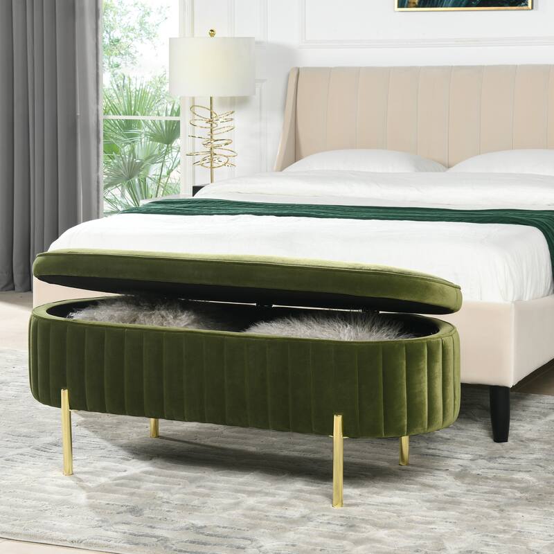 Chloe Modern Glam Performance Velvet Oval Tufted Storage Bench - Olive Green
