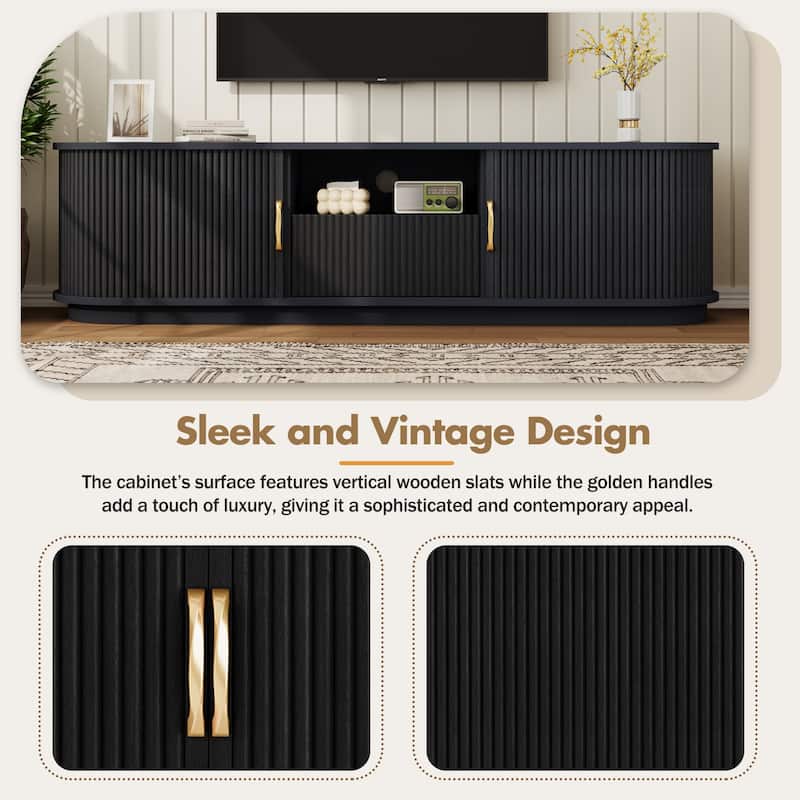 Vintage TV Stand with Sliding Wood Slatted Doors for TVs up to 75", with Drawer, Wood Grain Media Console with Cable Management