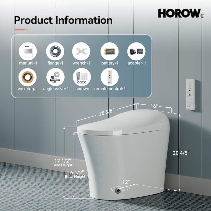 HOROW Tankless Elongated Smart Bidet Toilet with Heated Seat, Warm Water Washing and Remote Control