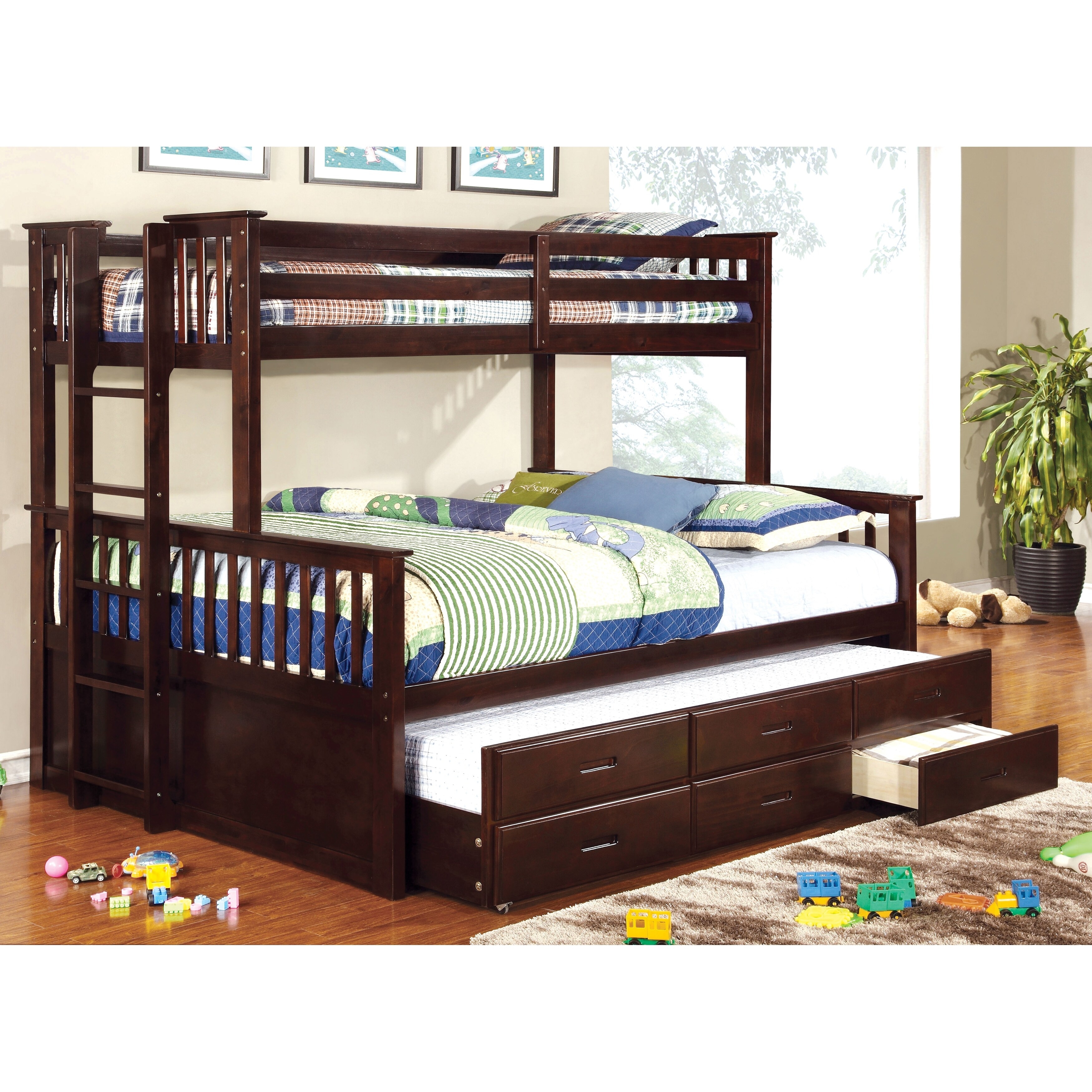 Shop Furniture of America Rola Mission Twin Xl/Queen Bunk Bed with Trundle - Overstock - 10302777 - Espresso