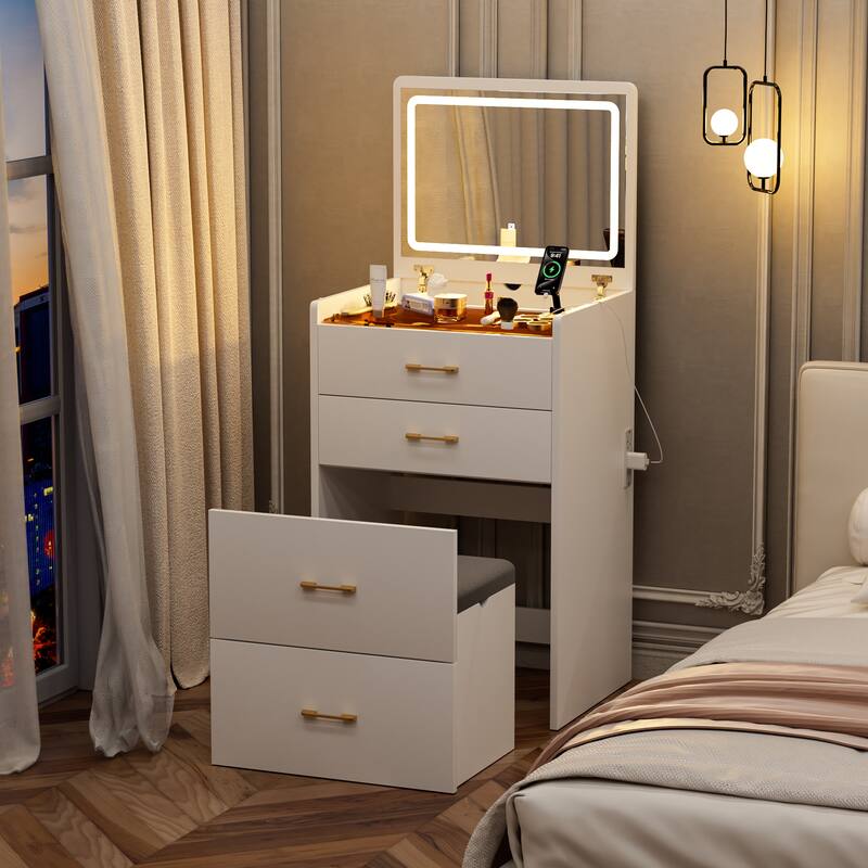 Compact Make-up Vanity Set with Visible Glass Desktop & Mirror, 3 in 1 Dressing Table Desk with Stool & Charging Station