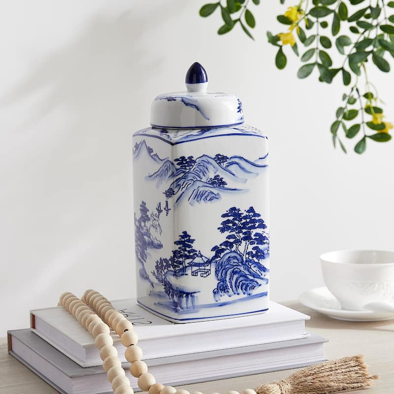 Blue & White Ceramic Ginger Jar with Lid