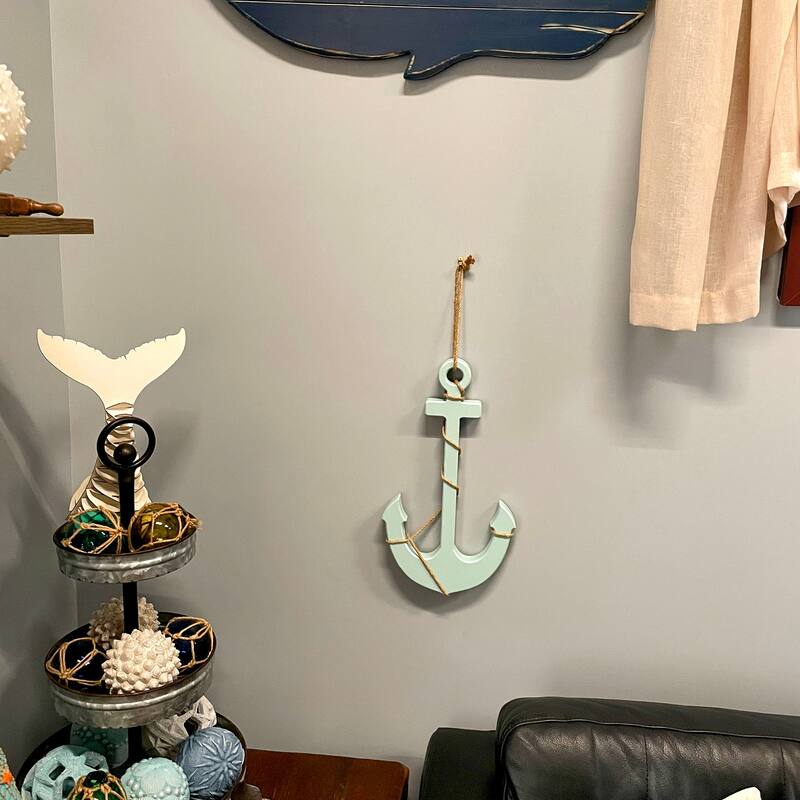 Set Of 2 Wood Nautical Wall Anchors 15In Rope Beach Coastal Decor Blue