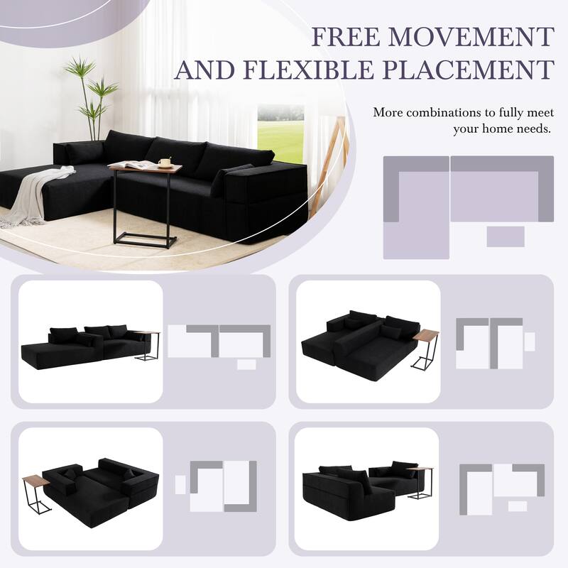 Modular Sectional Sofa with Side Table, Upholstered Cloud Sofa with L-Shaped Chaise Lounge, Full-Compressed Deep Seat Sofa