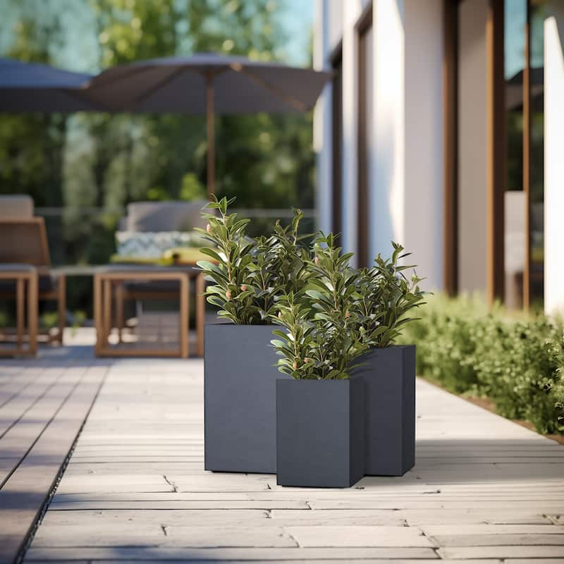 Tall Concrete Rectangle Plant Boxes / Large Indoor and Outdoor Flower Planters - 3 Piece Set (13, 16, 19 Inch High) - Granite Gray