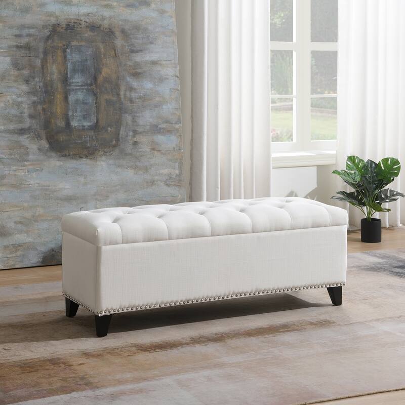 47.5" Storage Ottoman, Storage Bench with Safety Close Hinge, Linen Button-Tufted Ottoman for Living Room