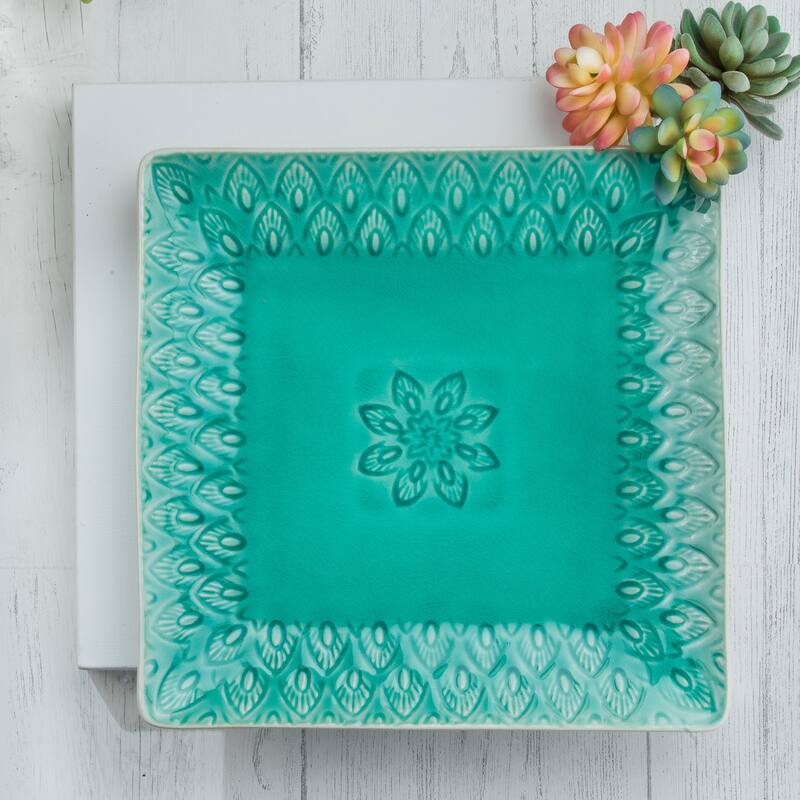 Euro Ceramica Peacock 11.5" Square Serving Platter in Lagoon - 11.4 in. x 11.4 in. x 1.2 in.
