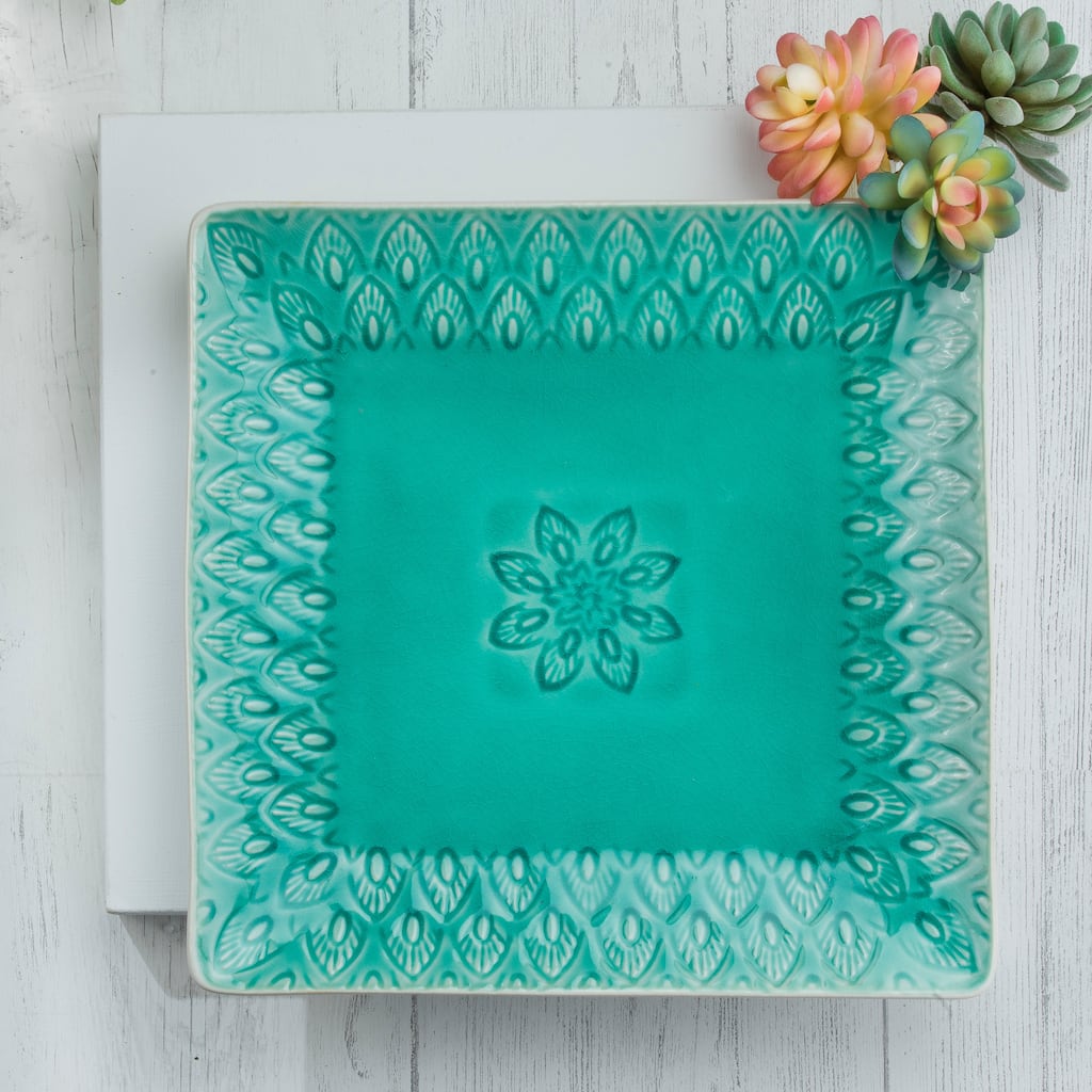 Euro Ceramica Peacock 11.5" Square Serving Platter in Lagoon - 11.4 in. x 11.4 in. x 1.2 in.