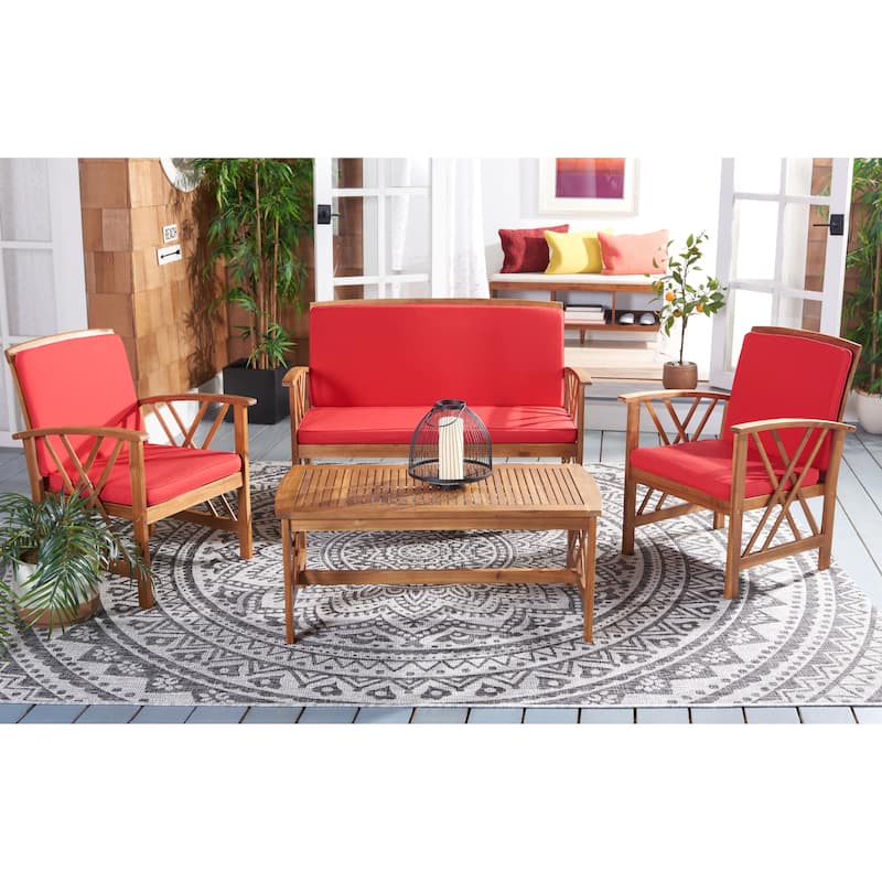 SAFAVIEH Outdoor Fontana 4-piece Acacia Wood Patio Conversation Set - Natural/Red