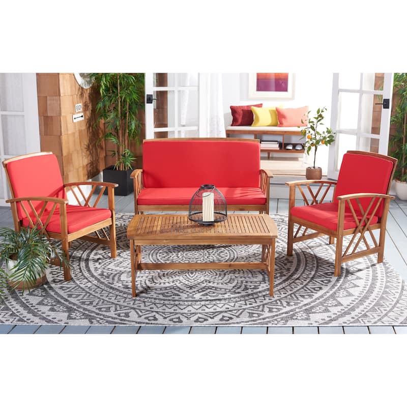 SAFAVIEH Outdoor Fontana 4-piece Acacia Wood Patio Conversation Set - Natural/Red Cushion