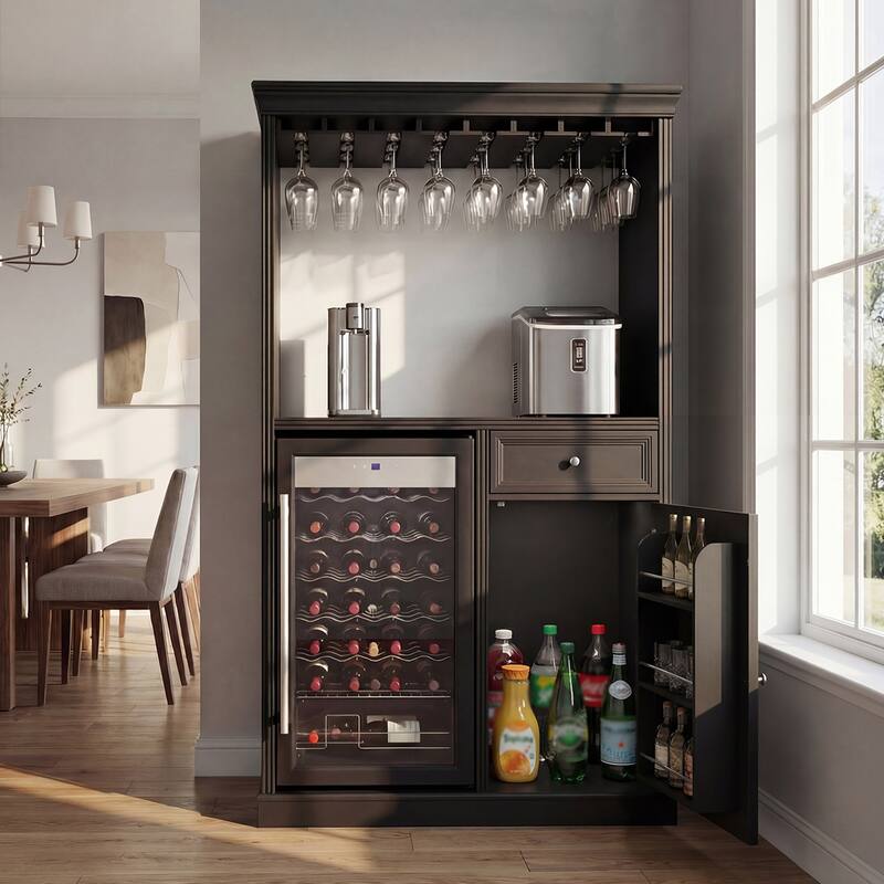 Wine Bar Cabinet with Mini Fridge Space & 34 Bottle Wine Cooler, 39" Coffee Bar Cabinet Freestanding Buffet Sideboard