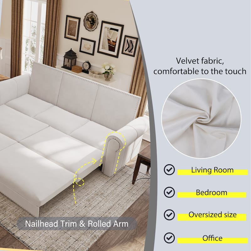 93.7" King Pull Out Sofa Bed w/ Nailhead Trim & Rolled Arm for Living Room Bedroom - White