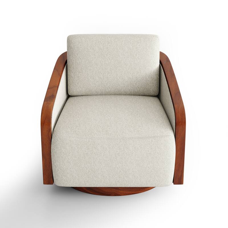 Upholstered Swivel Barrel Chair with Curved Wood Arms