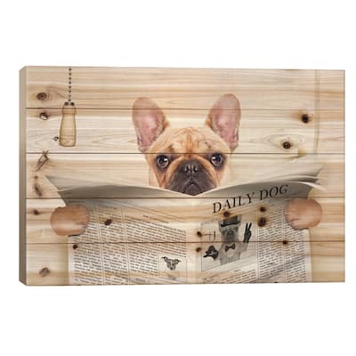 Dog On Toilet Seat Reading Newspaper V Print On Wood by damedeeso - Multi-Color
