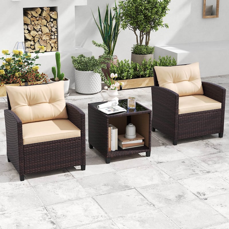 Costway 3 PCS Patio Sofa Set with Cushions & Tempered Glass Tabletop - See Details
