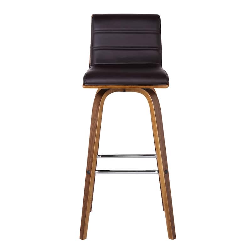 Modern Walnut Swivel Bar Stool with Faux Leather Seat and Low Back Brown Footrest Solid Wood Frame - Brown-26"