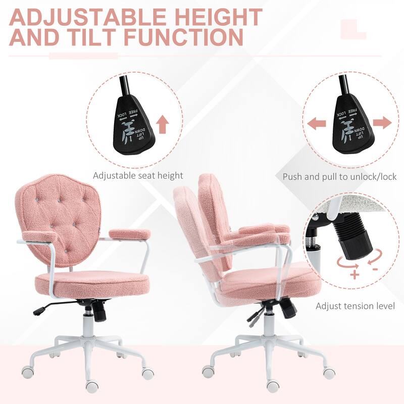 Teddy Bear Fleece Swivel Office Chair with wheels, Button Tufted Home Office Chair, Vanity Chair with Adjustable Height