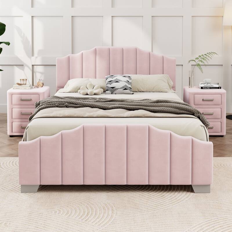 Modern Velvet Platform Bed Frame with Elegant Tufted Headboard, No Box Spring Needed - Full/Queen
