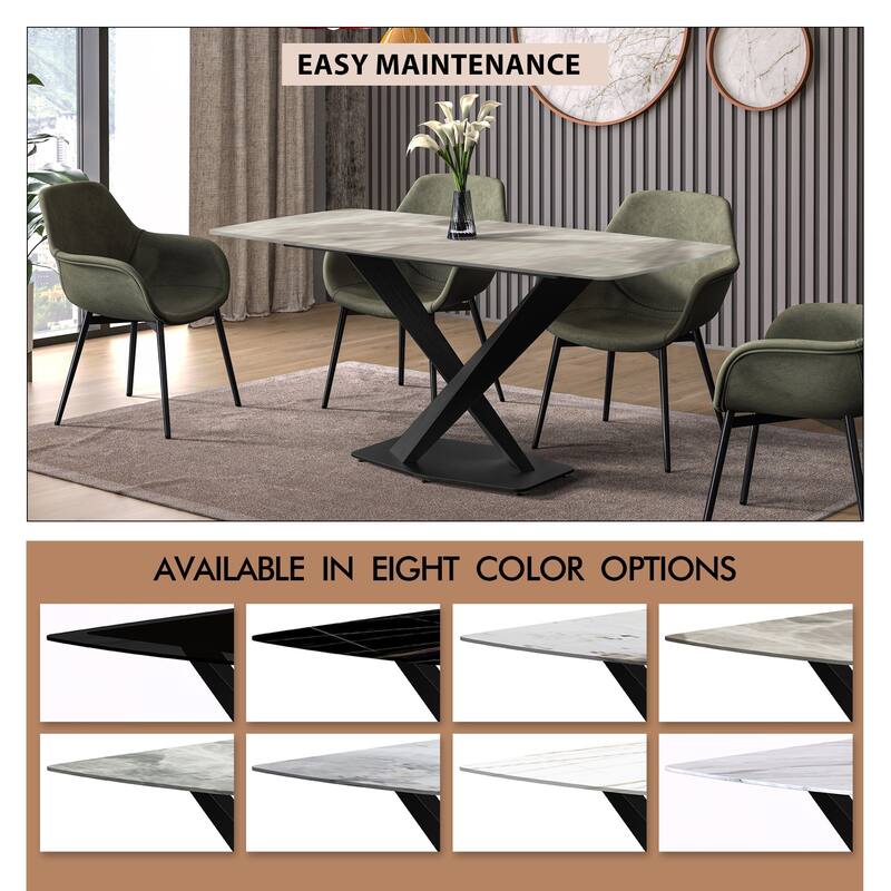 Voren Dining Table with Stone or Glass Tabletop in Black Steel Base