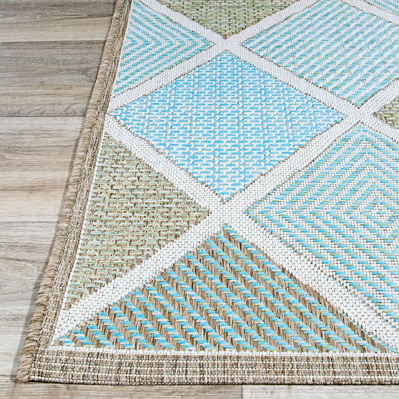 Dream Decor Rugs Samantha Dustin Beige Aqua Blue Outdoor Area Rug