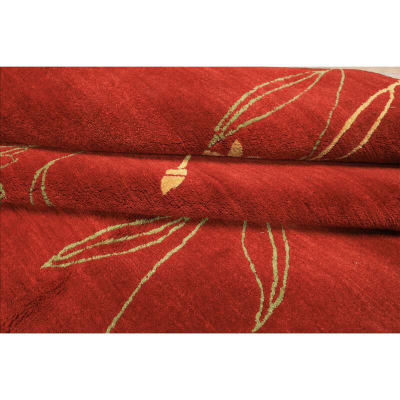 8x10 Hand Knotted Wool & Silk Red Transitional Floral Tibetan Rug - 8' x 10'