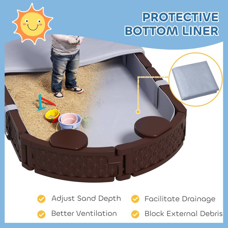 Dark Brown HDPE Outdoor Kids Sandbox with Seats and Weather Cover - 70.9" L x 42.1" W x 8.7" H