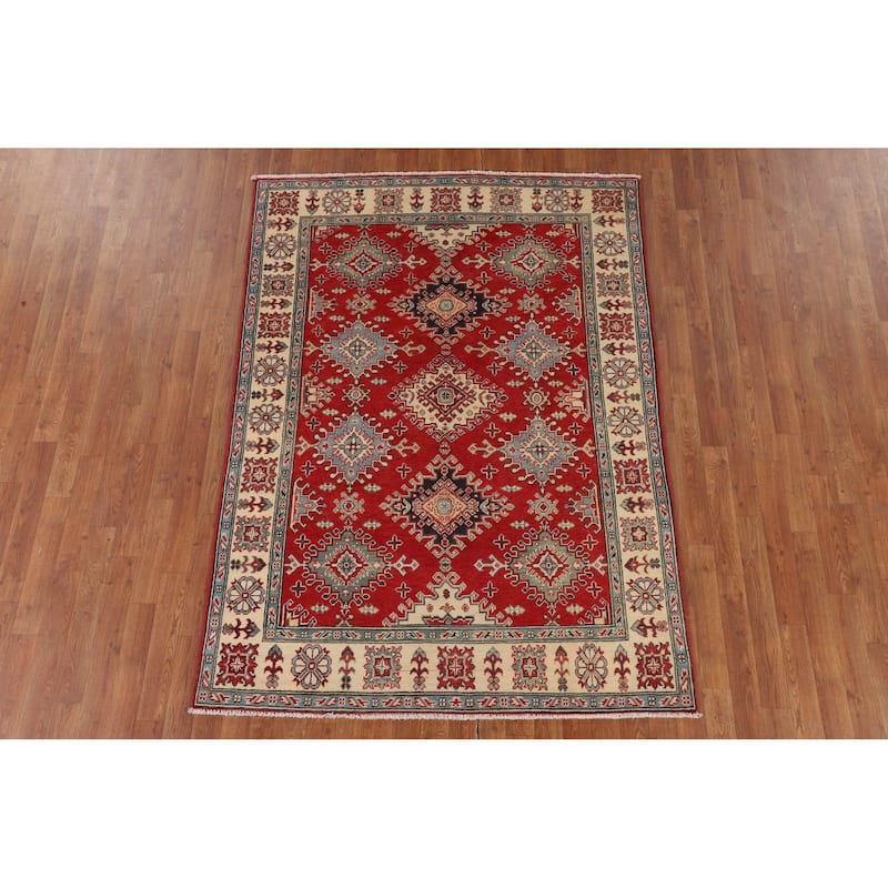 Geometric Red Kazak Rug Hand-Knotted Bedroom Wool Carpet - 4'10" x 6'9"