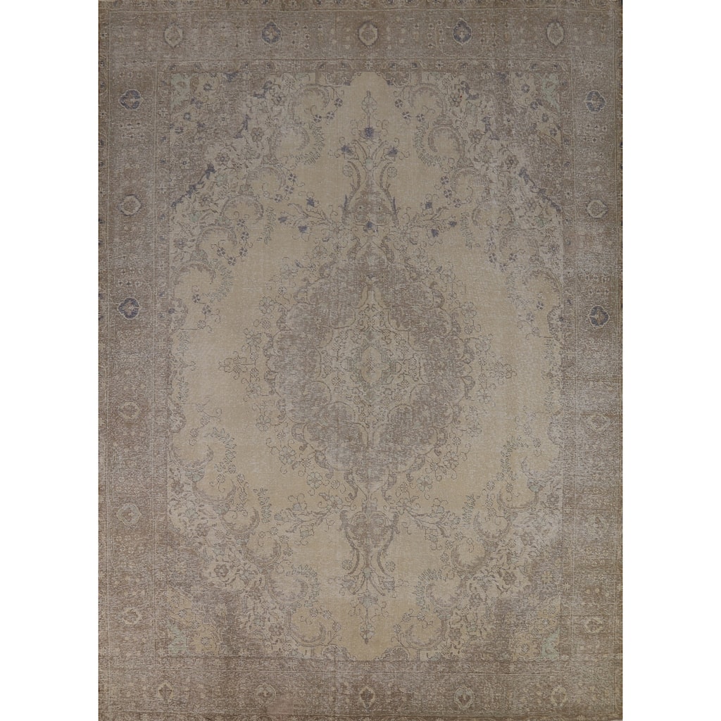 Beige Medallion Tabriz Persian Vintage Rug Handmade Wool Carpet - 9'6" x 12'7"