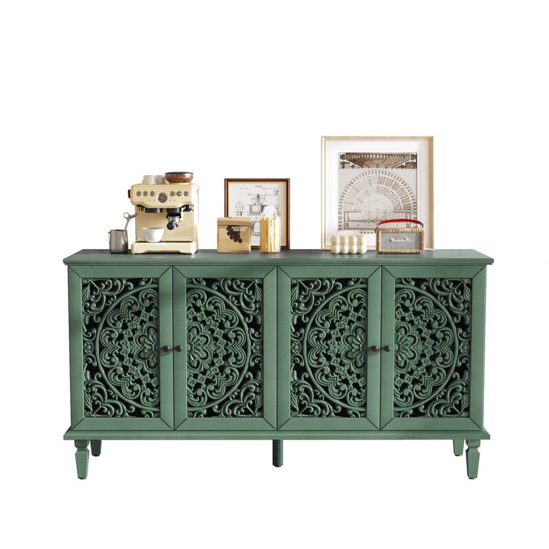 Buffet Cabinet with Floral Carvings with Solid Wood Legs&Antique Brass Handles&Adjustable Shelves,