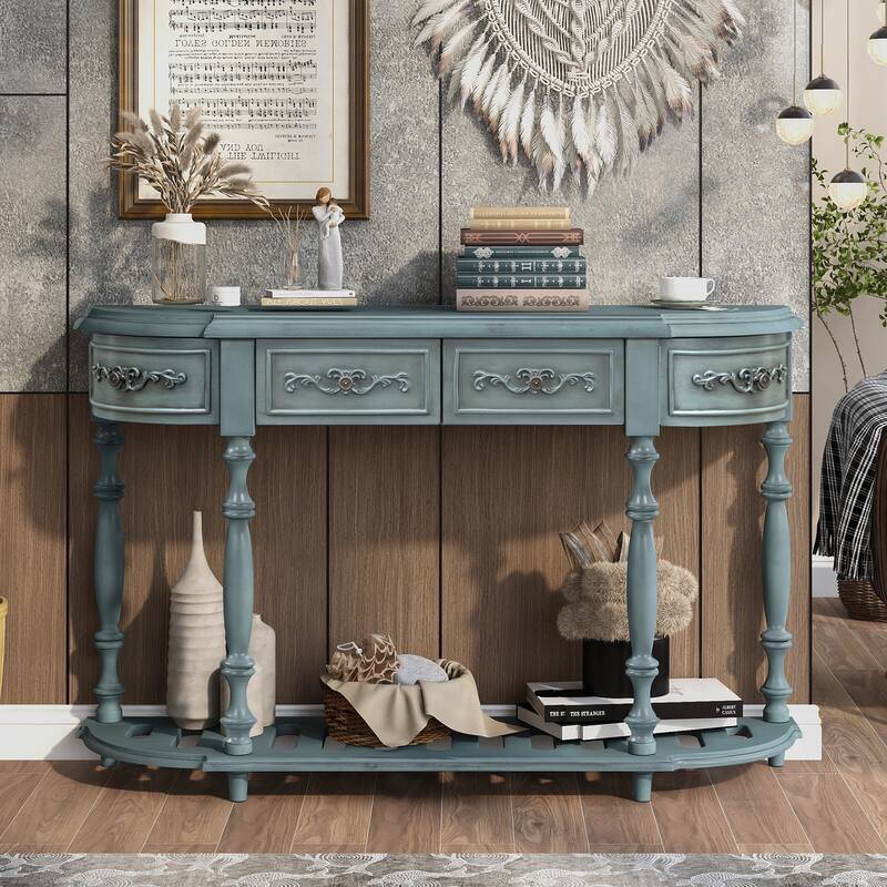 52" Classic Console Table with 4 Drawers & Open Shelf - Antique Blue