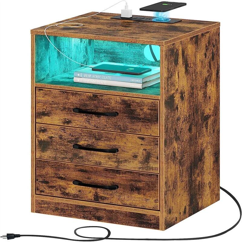 Nightstand with Wireless Charging Station - Rustic Brown
