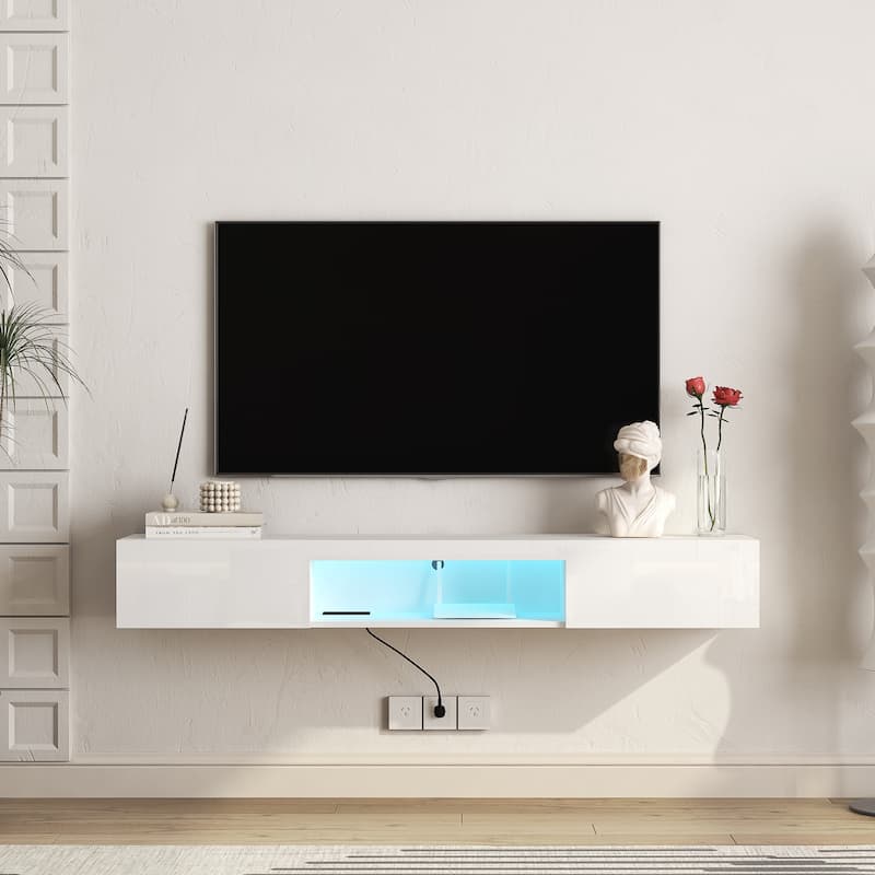 63" Floating TV Stand with Storage, LED Lights & Power Outlet for TVs Up to 60"