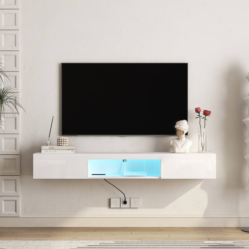 Floating TV Stand Wall Mounted with 16 Color LEDs, 63" Modern TV Stand, Entertainment Center with Open Storage Compartment