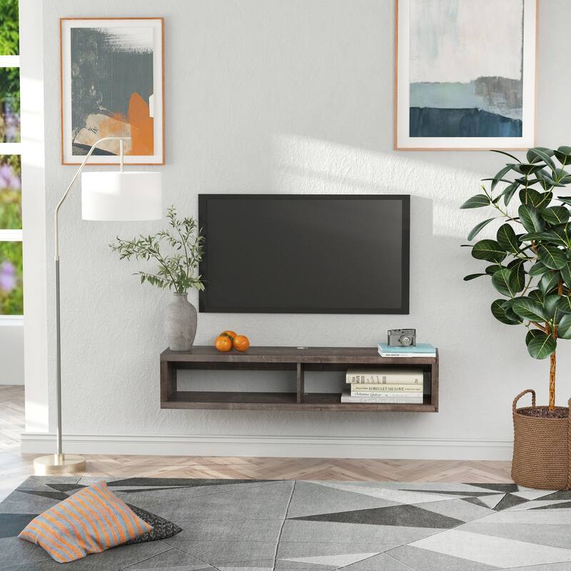 HOMCOM Wall Mounted Media Console, Floating TV Stand Component Shelf, Entertainment Center Unit, Dark Grey Wood Grain