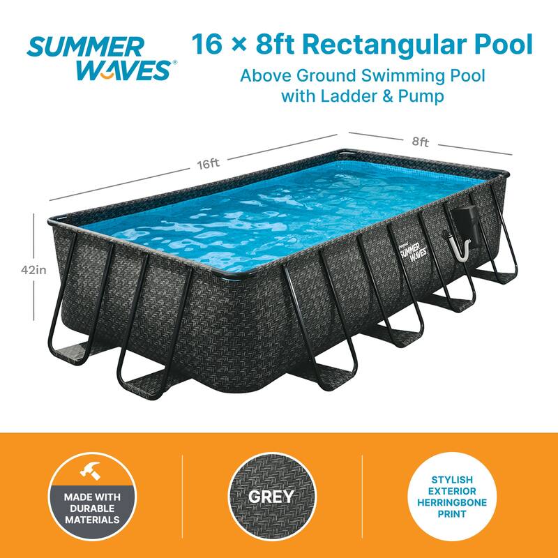 Summer Waves 16 Foot Long Dark Herringbone Elite Frame Outdoor Rectangular Pool - 192 x 96 x 42 inches