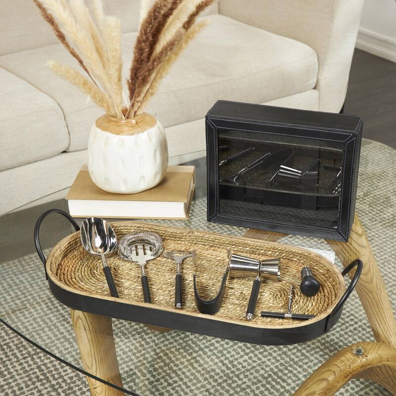 Leather 7 Piece Bar Tool Set with Decorative Box - Dark Blue - Roche River Decor - Blue