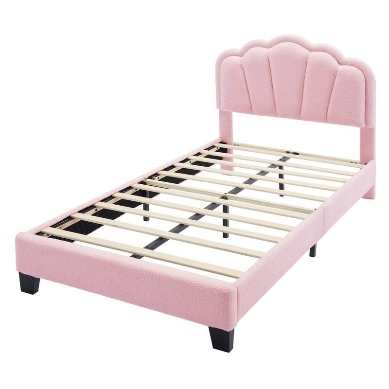 Upholstered Platform Bed with Flower-Shaped Headboard & LED Light Strip, Twin/Full Size Sherpa Fabric Bed Frame w/ Slats Support